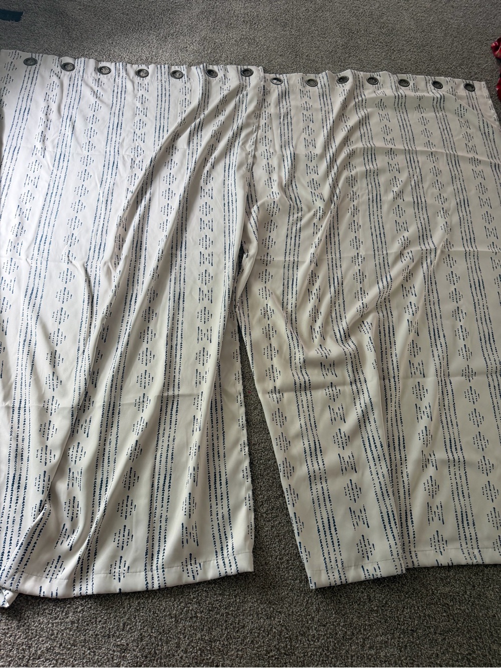 Neutral Stripe Grommet Curtains with Navy Stitching